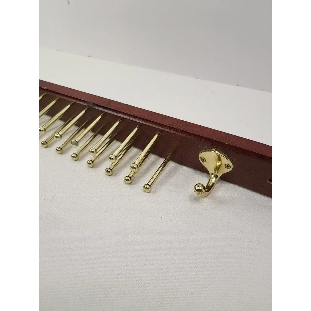 Wooden Tie and Belt Rack Wall Mount 20 Pegs 2 Hooks Mahogany Gold Tone Organizer